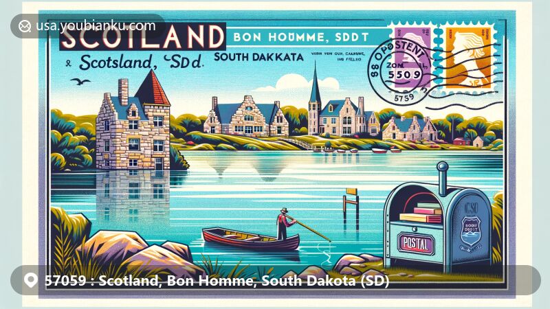Modern illustration of Scotland, Bon Homme, South Dakota, highlighting Lake Henry fishing spot and unique chalkstone and fieldstone buildings, with postal theme including stamp, postmark with ZIP code 57059, and classic mailbox.
