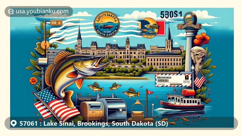 Modern illustration of Lake Sinai and Brookings area, South Dakota, featuring serene Lake Sinai with Walleye and Smallmouth Bass, historic cityscape of Brookings, railroad heritage, and South Dakota State University.