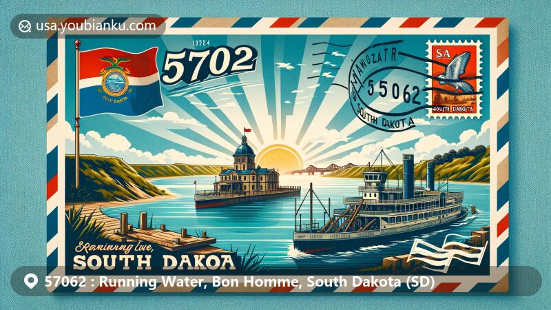 Modern illustration of Running Water, South Dakota, highlighting postal theme with ZIP code 57062, showcasing scenic Missouri River, historical ferry, and South Dakota state flag.
