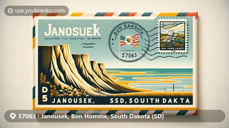 Modern illustration of Janousek, Bon Homme County, South Dakota, featuring airmail envelope with Lewis and Clark Lake, vintage postage stamp with South Dakota state flag, and postmark 'Janousek, SD 57063,' blending rural and agricultural elements.
