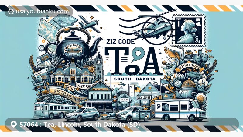 Modern illustration of Tea, South Dakota, representing postal theme with ZIP code 57064, featuring Teapot Days celebration, Tea City Park, and Sky Lounge bar.