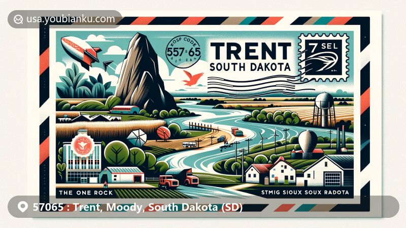 Modern illustration of Trent, South Dakota, showcasing postal theme with ZIP code 57065, featuring Lone Rock, Big Sioux River, and agricultural motifs.