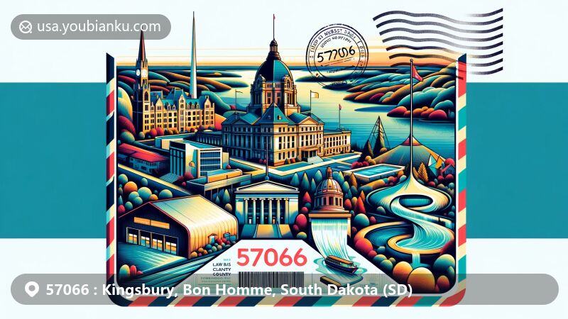 Unique illustration of ZIP code 57066, Kingsbury and Bon Homme Counties, South Dakota, in an airmail envelope design, featuring landmarks like Bon Homme Hutterite Colony, Bon Homme County Courthouse, Lewis and Clark Lake, and Oldham Methodist Church.