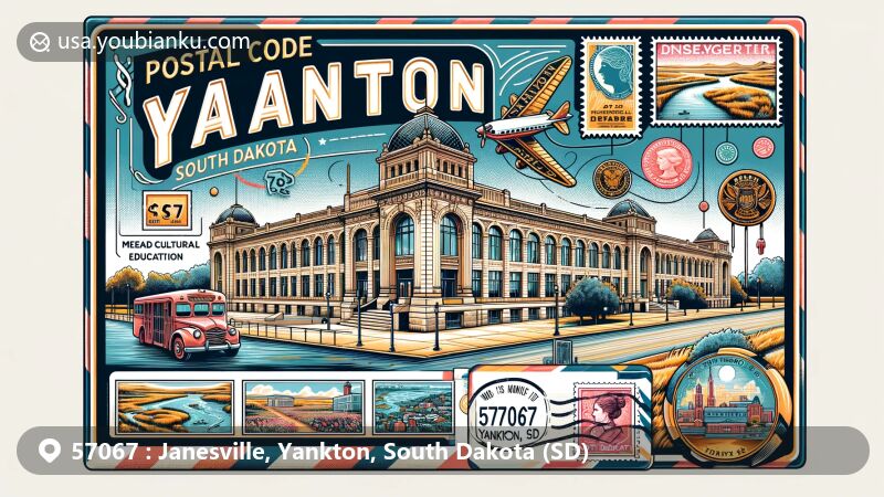 Modern illustration of Yankton, South Dakota, highlighting postal theme with ZIP code 57067, featuring Mead Cultural Education Center and Missouri River.