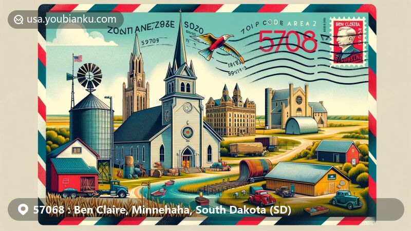 Modern illustration of Ben Claire area, South Dakota, showcasing postal theme with ZIP code 57068, featuring local landmarks such as Ben Claire's church and small grain elevator, Fort Sisseton State Park, Mitchell's Corn Palace, and Vermillion's National Music Museum, designed in a postcard or airmail envelope format with stamps, postmarks, and '57068' ZIP code, symbolizing the fusion of regional and postal elements.