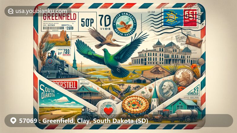 Modern illustration of Greenfield, Clay County, South Dakota, showcasing postal theme with ZIP code 57069, featuring Spirit Mound, Old Armory, Inman House, and state symbols like the flag, Milk, Rodeo, and Kuchen.