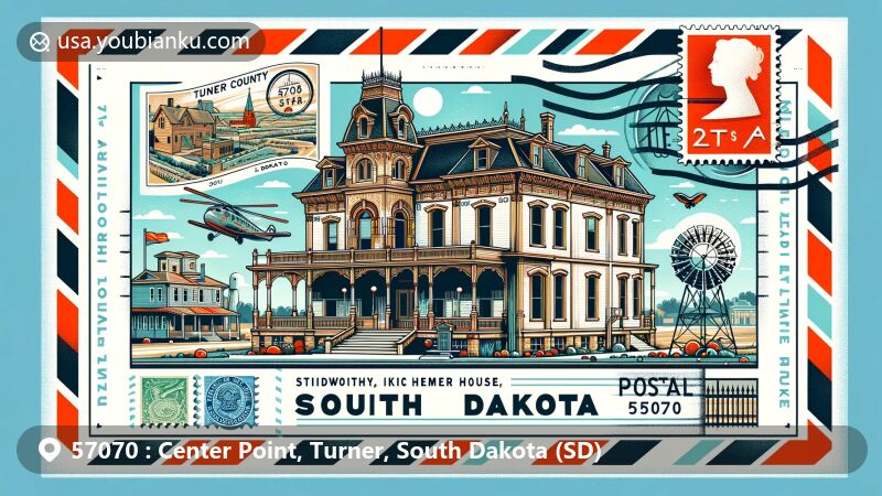 Modern illustration of Turner County, South Dakota, with postal theme and historic buildings like Stidworthy-Kemper House, Tenus Isaac Gunderson House, and William Higinbotham House. Includes postal elements and ZIP Code 57070.