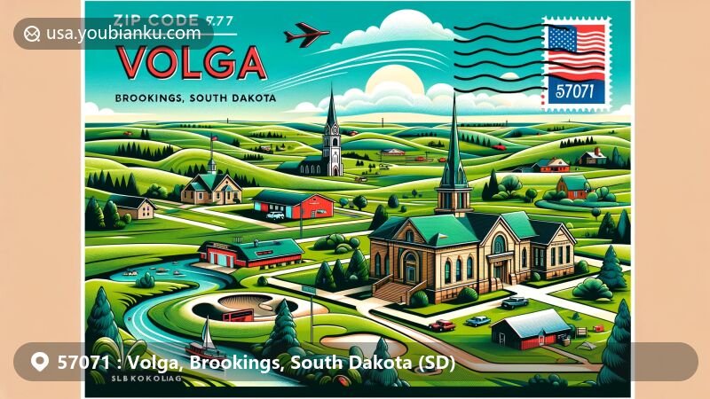 Modern illustration of Volga, Brookings, South Dakota, with ZIP code 57071, featuring Brookings County Museum and Meadow Creek Golf Course against a backdrop of South Dakota scenery.