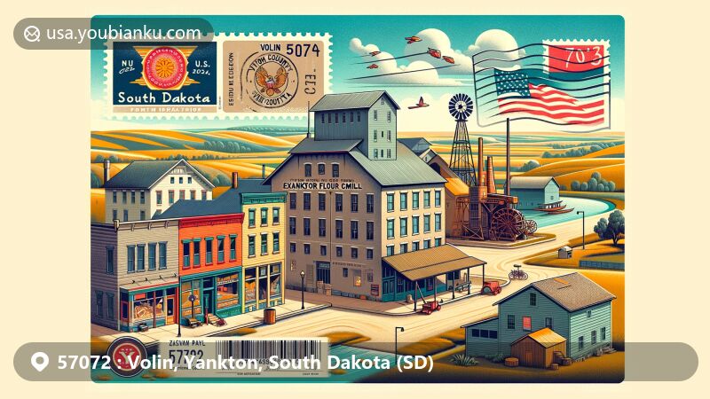 Modern illustration of Volin, Yankton County, South Dakota, featuring postal theme with ZIP code 57072, showcasing Excelsior Flour Mill and small-town charm.