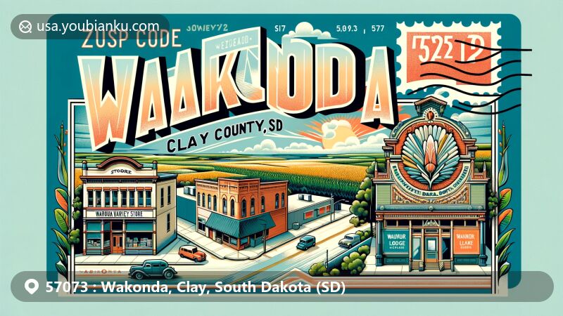 Vibrant illustration of Wakonda, Clay County, South Dakota, depicting ZIP code 57073, featuring historic buildings like the Wakonda Variety store and Wakonda State Bank, along with the Ophir Lodge Memorial, set against a backdrop of rural landscape with corn and soybean fields.