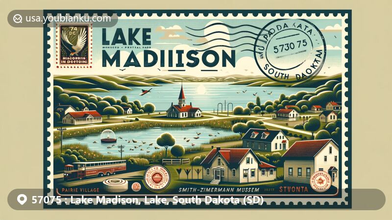 Modern illustration of Lake Madison area in South Dakota, showcasing picturesque Lake Madison surrounded by lush greenery, reflecting the rural charm of the region. Features elements of Prairie Village, including turn-of-the-century buildings and historic Smith-Zimmermann Museum, symbolizing the rich history of the area. Designed in the style of a wide postcard with postal elements like stamps, postmarks, and the '57075' ZIP code. Suitable for web display with correct spelling of 'Lake Madison', 'South Dakota', and '57075'.