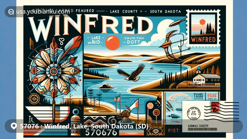 Modern illustration of Winfred, Lake County, South Dakota, featuring postcard with ZIP code 57076, showcasing Lake Winfred and symbols of Sioux tribe.