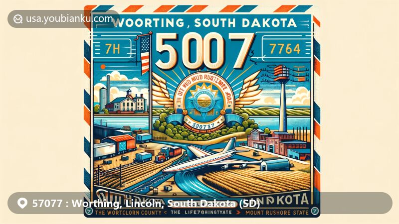 Modern illustration of Worthing, Lincoln County, South Dakota, highlighting ZIP code 57077, featuring South Dakota state flag with state seal and sun symbols, Worthing's agricultural and industrial elements, and LifeLight Music Festival.