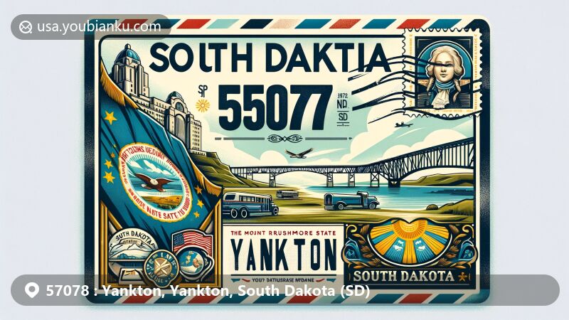 Modern illustration of Yankton, South Dakota, showcasing airmail envelope design with Meridian Highway Bridge and South Dakota state flag, featuring ZIP code 57078 and iconic symbols.