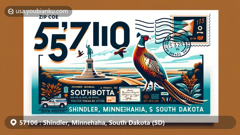 Modern illustration of Shindler, Minnehaha, South Dakota, showcasing postal theme with ZIP code 57106, featuring Pioneer Memorial, pheasant, and historical marker, against a backdrop of South Dakota's prairies and skies.