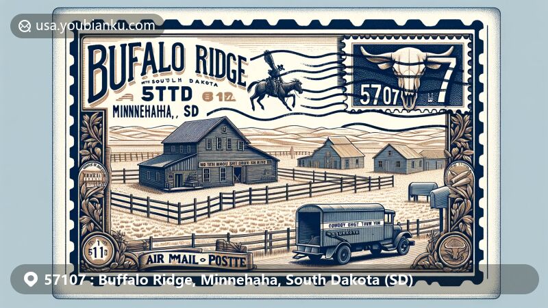 Modern illustration of Buffalo Ridge, Minnehaha, South Dakota, showcasing Cowboy Ghost Town and South Dakota state symbols, set on a postal theme with ZIP code 57107.