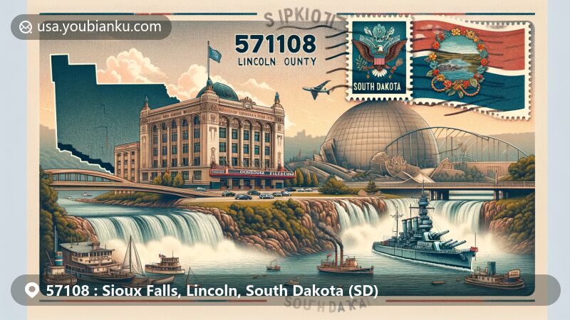 Modern illustration of Sioux Falls, Lincoln County, South Dakota, symbolizing ZIP code 57108, featuring Orpheum Theater, Falls Park, Battleship South Dakota Memorial, and state elements.