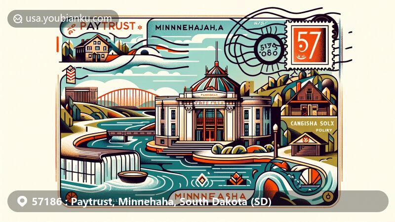 Modern illustration of Paytrust, Minnehaha, South Dakota (SD), showcasing postal theme with ZIP code 57186, featuring Gina Smith Campbell Bathhouse, Carnegie Free Public Library, Big Sioux River, Palisades State Park, and Minnehaha Historical Society symbols.