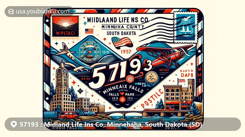 Contemporary illustration of ZIP Code 57193 in Midland Life Ins Co, Minnehaha County, South Dakota, featuring vintage air mail envelope with iconic landmarks of Sioux Falls, Big Sioux River, Falls Park, and historic sites like Central Fire Station and Cherry Rock Park Bridge. Includes South Dakota state flag and map outline, showcasing postal theme with postage stamp, postal markings, and postal truck.