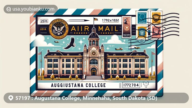 Modern illustration of Minnehaha County, South Dakota, featuring ZIP code 57197, showcasing Augustana College and state symbols.