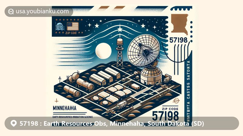 Modern illustration of Minnehaha County, South Dakota, showcasing postal theme with ZIP code 57198, featuring state flag and EROS center elements like satellite antennas. Postal elements include stamps, postmarks, and clear display of ZIP code.