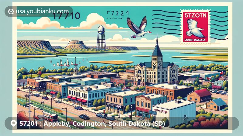 Creative illustration of ZIP code 57201, Codington County, South Dakota, featuring Watertown landmarks, Goose Lake, and postal elements, with scenic background of Big Sioux River and Pelican Lake.