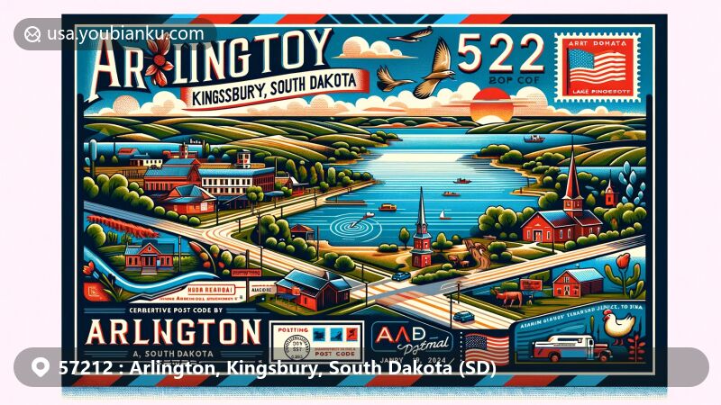 Modern illustration of Arlington, Kingsbury, South Dakota, highlighting postal theme with ZIP code 57212, featuring vintage airmail envelope and Lake Poinsett.