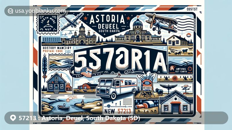 Contemporary illustration of Astoria, Deuel, South Dakota, inspired by ZIP code 57213, featuring postal theme with postcard shape, stamps, postmark, mailbox, and mail truck, integrating regional elements like historical buildings, farms, and Western/Native American symbols.