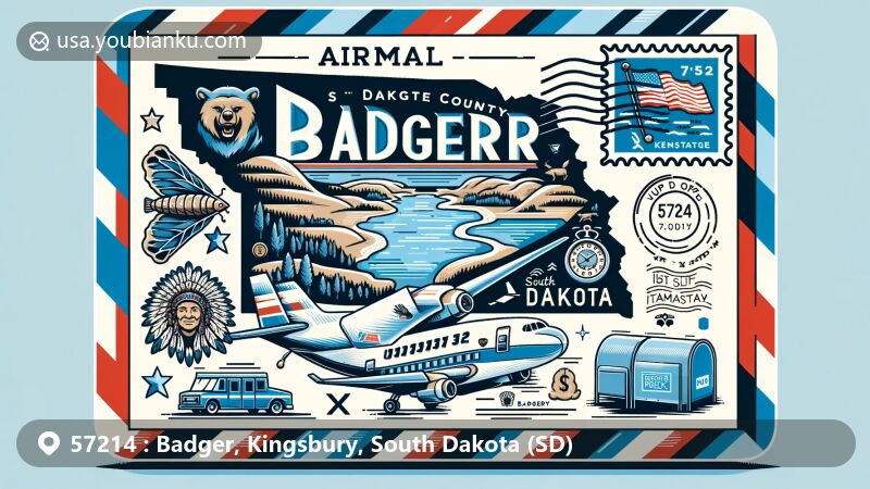 Modern illustration of Badger, Kingsbury County, South Dakota, with airmail envelope showcasing ZIP code 57214, featuring Lake Badger, Kingsbury County outline, South Dakota state flag, Mount Rushmore, and Sioux tribe symbols.