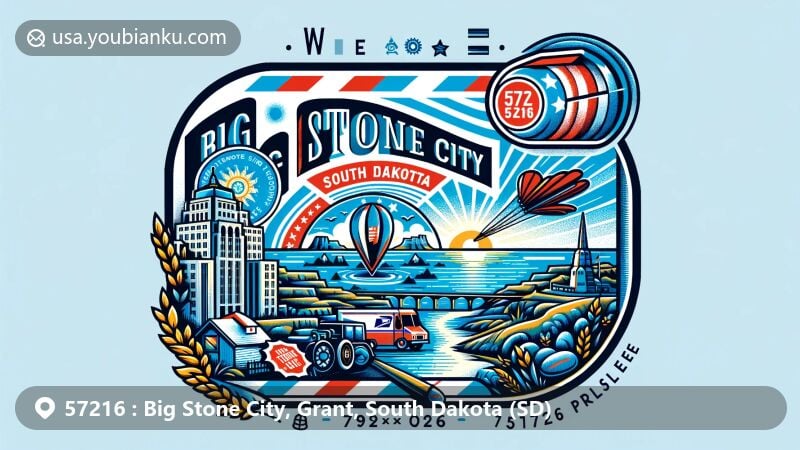 Modern illustration of Big Stone City, South Dakota, featuring airmail envelope with ZIP code 57216, showcasing Big Stone Lake, Whetstone River, and South Dakota state flag.