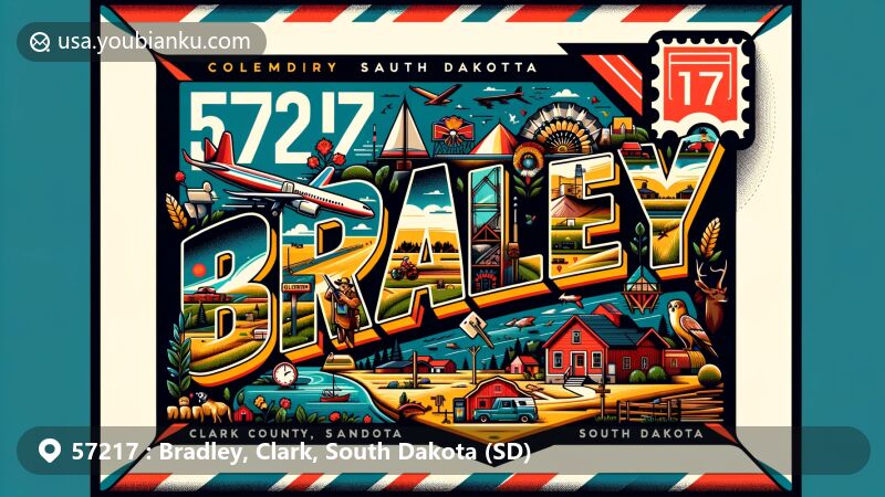 Modern illustration of Bradley, Clark County, South Dakota, featuring postal theme with ZIP code 57217, showcasing small town setting, Western and Native American cultural elements, local wildlife, and outdoor activities.