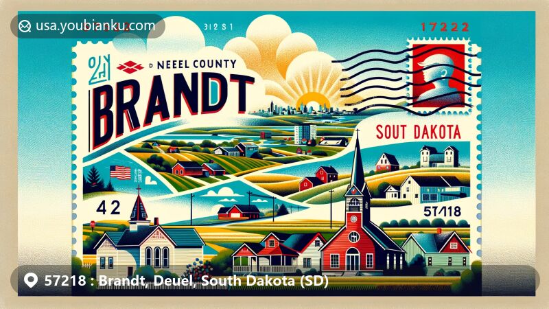 Modern illustration of Brandt, Deuel County, South Dakota, featuring postal theme with ZIP code 57218, showcasing rural charm and tranquility with iconic symbols of the Midwest town, including a small church, traditional houses, and vast open fields, reflecting the essence of Brandt. The background depicts the landscape of Deuel County and adjacent features of Sioux Falls, such as rolling hills and distant city skyline, integrated with postal elements like vintage stamps, prominently displayed ZIP code '57218', and postmark.