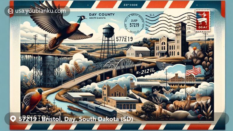 Modern illustration of Bristol, Day County, South Dakota, inspired by airmail envelope design with ZIP code 57219, featuring Bristol Mural, town landmarks, South Dakota state flag, local wildlife, and postal theme elements.