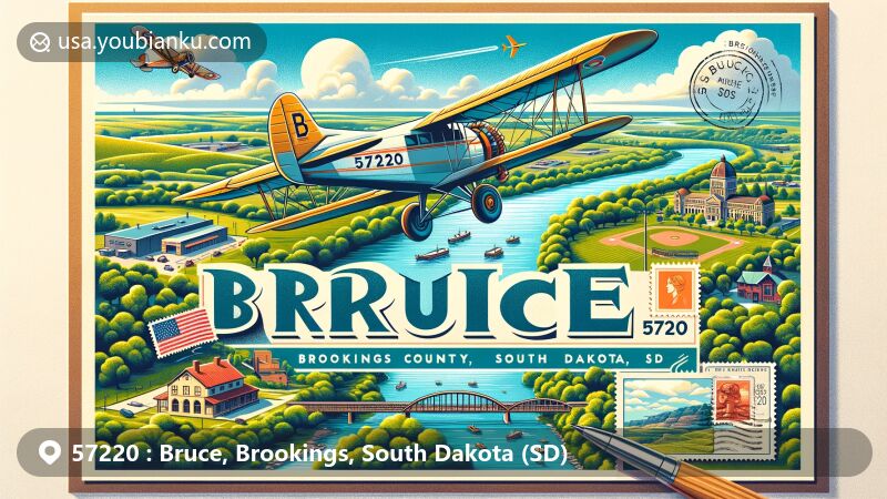 Modern illustration of Bruce, Brookings County, South Dakota, featuring scenic postcard layout with vintage airplane showcasing ZIP code 57220, Big Sioux River, SouthBrook Softball Complex, Dakota Nature Park, and McCrory Gardens.