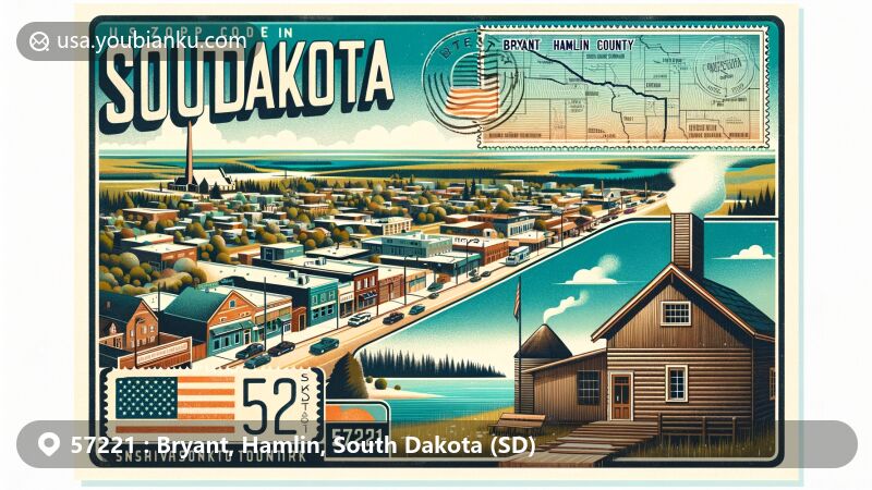 Modern illustration of Bryant, Hamlin County, South Dakota, styled as a vintage postcard, featuring small-town view of Bryant's main street and historic buildings, with integrated outline of Hamlin County. Includes landmarks like Lake Poinsett, Clear Lake, and Finnish sauna, highlighting South Dakota's natural beauty and Finnish heritage. Vintage stamp with South Dakota state flag and postal mark with ZIP Code 57221.