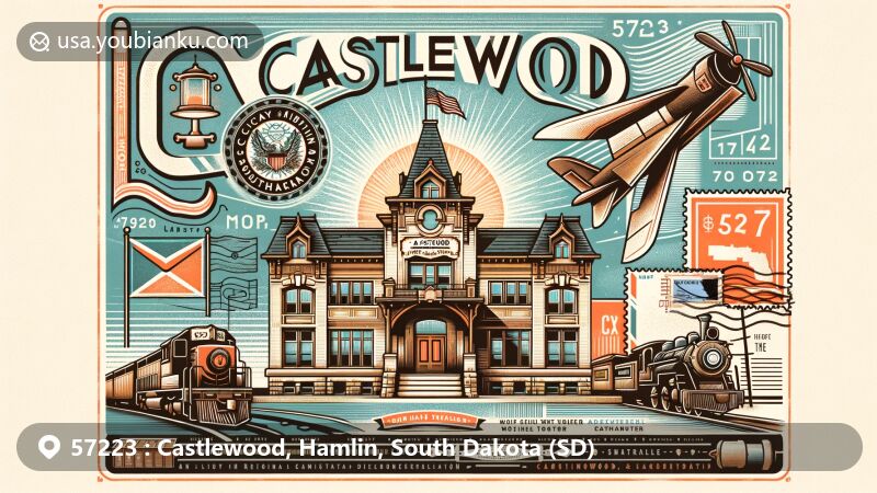 Modern illustration of Castlewood, South Dakota, showcasing postal theme with ZIP code 57223, featuring M. O. Hanson Building and railway history elements.