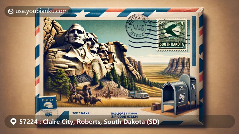 Detailed illustration of South Dakota's iconic landmarks, including Mount Rushmore, Badlands National Park, and Crazy Horse Memorial depicted on an airmail envelope with Black Hills silhouette. South Dakota state flag stamp and ZIP code 57224 postmark. Classic American mailbox and postal delivery truck nearby, set against a backdrop of prairie landscape.