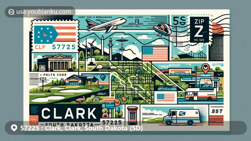Modern illustration of Clark, South Dakota, showcasing postal theme with ZIP code 57225, featuring Clark Golf Course and County Airport.