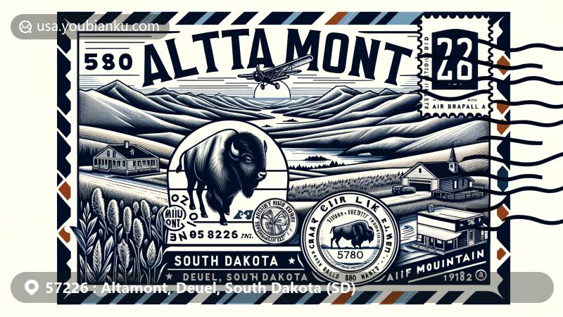 Creative illustration of Altamont, Deuel County, South Dakota, in the form of an air mail envelope, showcasing the hills and lakes of Altamont, vintage stamp with buffalo symbolizing 1879 hunt, and postmark with 1880 establishment date.
