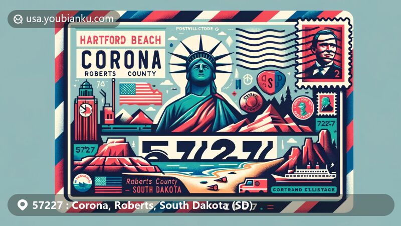 Vibrant illustration of Corona, Roberts County, South Dakota, showcasing ZIP code 57227 in airmail theme with Hartford Beach State Park, Mount Rushmore, and other South Dakota cultural symbols.