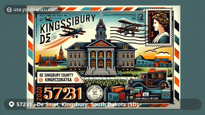 Modern illustration of De Smet, Kingsbury County, South Dakota, depicting postal theme with ZIP code 57231, showcasing Kingsbury County Courthouse, Laura Ingalls Wilder tribute, and South Dakota prairie scenery.