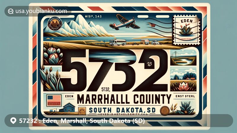 Vintage-style airmail envelope illustration for ZIP code 57232, depicting Eden in Marshall County, South Dakota, with local cultural and geographical symbols like glacial lakes, agriculture, Native American heritage, Fort Sisseton, and homesteading history.
