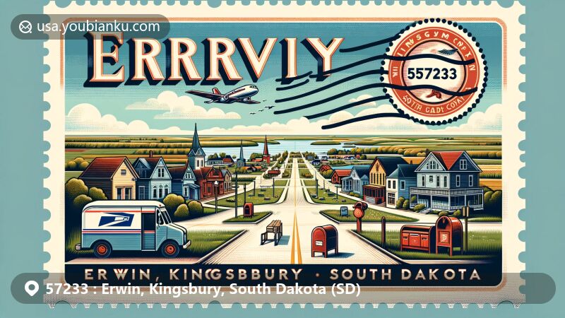 Modern illustration of Erwin, Kingsbury, South Dakota, showcasing rural charm and postal theme with ZIP code 57233, featuring traditional main street, pastoral landscapes, and natural beauty of Kingsbury County.