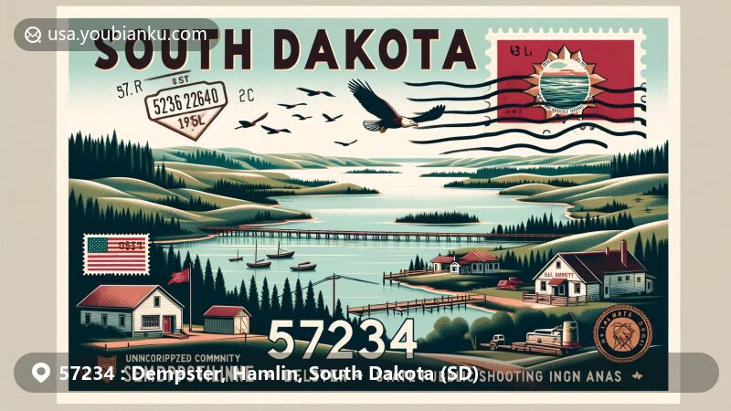 Modern illustration of Dempster and Estelline, ZIP Code 57234 in South Dakota, featuring Hamlin County's natural beauty, including Clear Lake and Lake Poinsett, state public shooting areas, and South Dakota state flag.