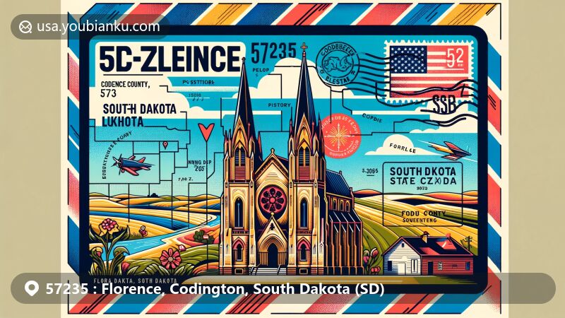 Modern illustration of Florence, Codington County, South Dakota, featuring ZIP code 57235 in a vibrant airmail envelope design with highlights such as Goodhue Lutheran Church, Codington County map, rural elements, and postal symbols.