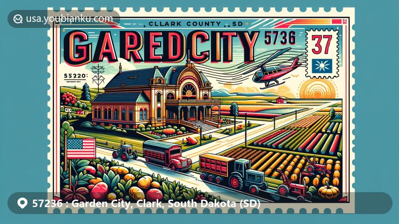 Lively illustration of Garden City, Clark County, South Dakota, showcasing the historic Garden City Opera House, potato farming heritage, and local agricultural life with tractors and fishing boats.
