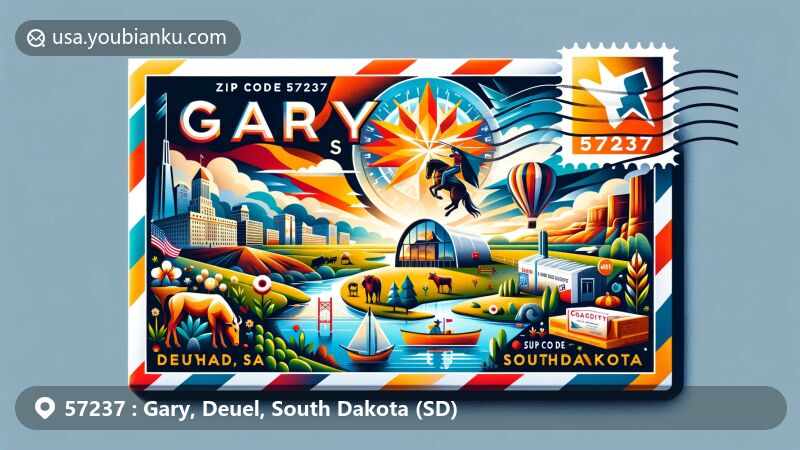 Modern illustration of Gary, Deuel, South Dakota, styled as an airmail envelope, featuring state flag, scenic geography of Lac qui Parle River, and cultural symbols like rodeo and Kuchen dessert.