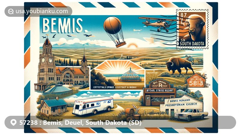 Modern illustration of Bemis, Deuel, South Dakota, featuring airmail envelope with postal theme and landmarks like Crystal Springs Rodeo, Buffalo Ridge Resort, and Bemis Holland Presbyterian Church.