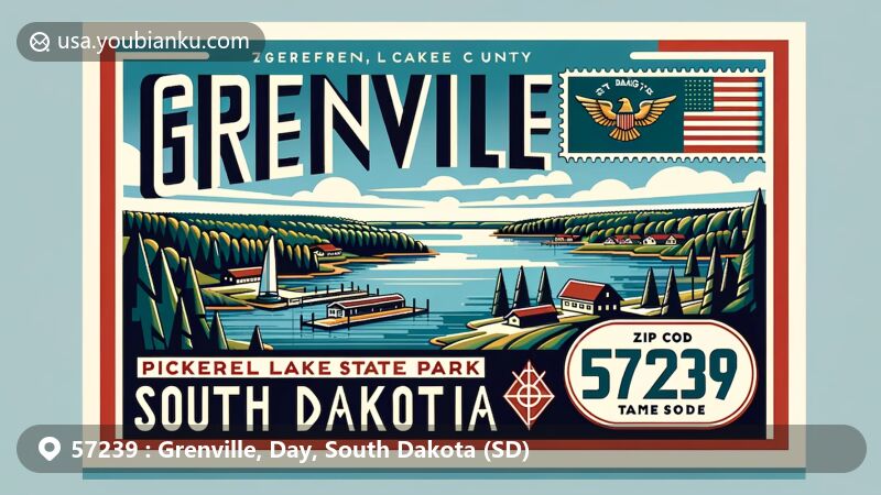 Modern illustration of Grenville, Day County, South Dakota, featuring picturesque scenery of Pickerel Lake State Park with lake and forests, clever integration of South Dakota emblem, and postal elements like stamp and postmark.
