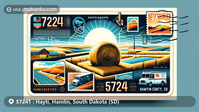 Modern illustration of Hayti, South Dakota postcard with postal theme and prairie landscape, featuring Hayti's origin and local symbols.